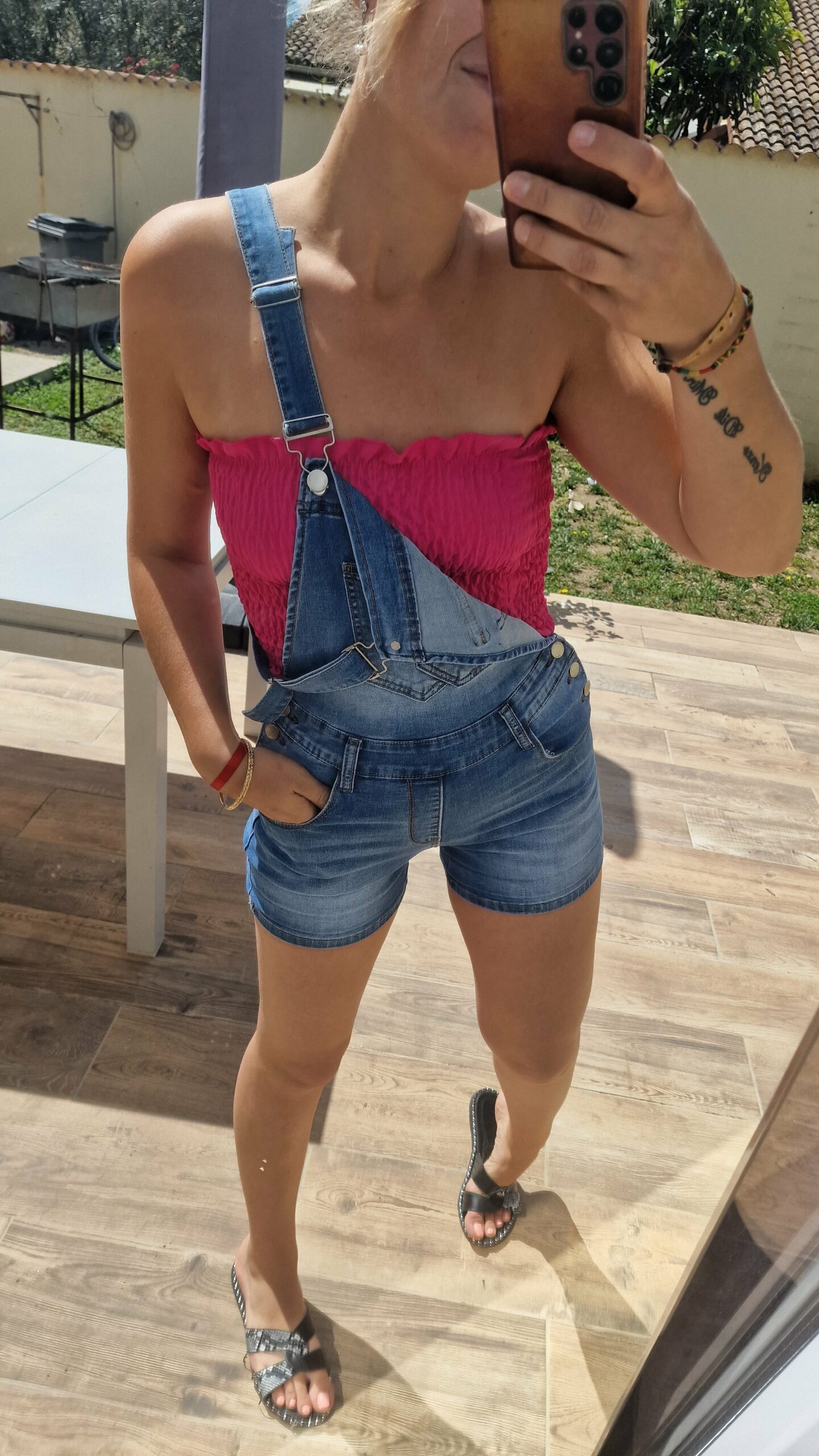 Salopette short en jean clair élastique XS-XL